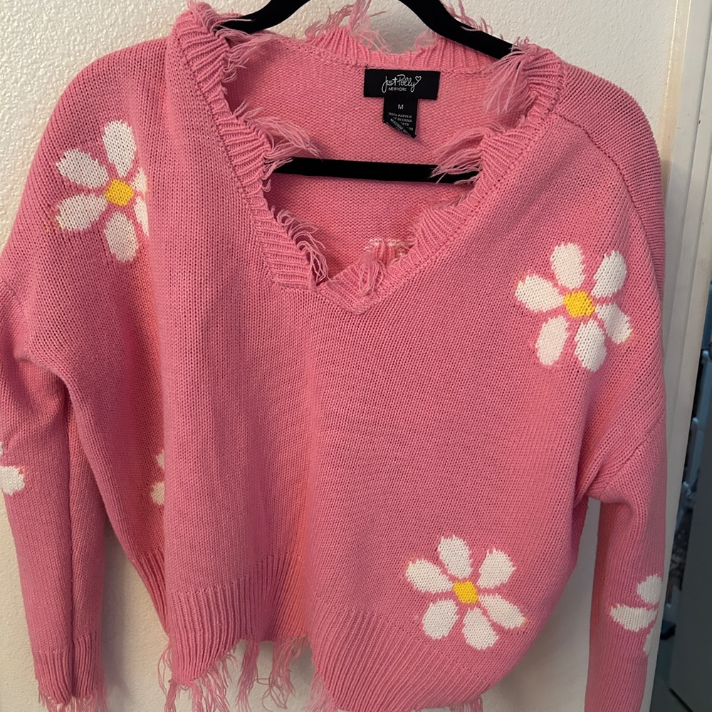 Oh Polly Pink Daisy Frayed V-Neck Sweater